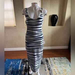 White Blue Zebra Print Gold Buttons Side Cutout Boutique Long Body-Con Dress